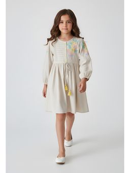 Bella Moda - Off White Cotton Full Sleeve Floral Embroidered Fit and Flare Dress
