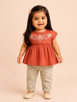 Bloom Up - Rust Embroidered Peplum Top and Pant