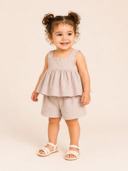 Bloom Up - Beige Sleeveless Peplum Top and Shorts