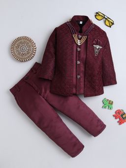 FOURFOLDS - Boys Maroon Diamond Woven Pattern Sherwani and Trouser