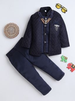 FOURFOLDS - Boys Navy Blue Diamond Woven Pattern Sherwani and Trouser