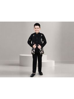 FOURFOLDS - Boys Navy Blue Floral Embroidered Sequined Sherwani and Trouser with Jacket