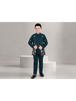 FOURFOLDS - Boys Teal Floral Embroidered Sequined Sherwani and Trouser with Jacket