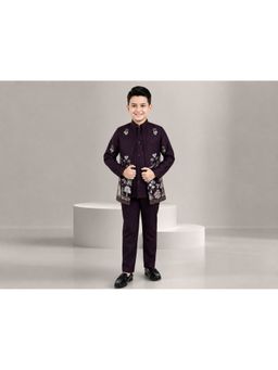 FOURFOLDS - Boys Purple Floral Embroidered Sequined Sherwani and Trouser with Jacket