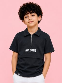 Bloom Up - Boys Black Half Zip Polo T-Shirt