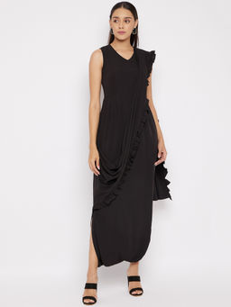 Uptownie - Black Dhoti Jumpsuit with Attached Dupatta