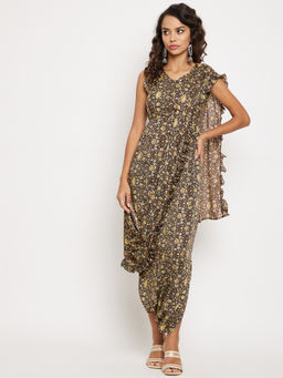 Uptownie - Yellow Dhoti Jumpsuit with Attached Dupatta