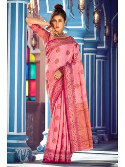 Sangam Prints - Pink Banarasi Silk Woven Zari Work Traditional Saree with Unstitched Blouse
