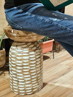 Akira Furnishings - Handmade Wooden Stool-Table With Rustic Whitewash Charm