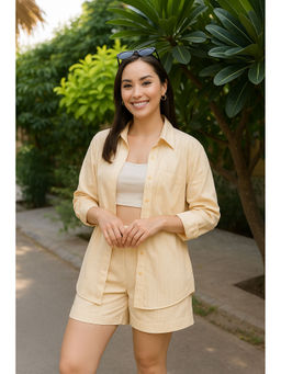 Lounge Dreams - Women Yellow Striped Cotton Shirt & Shorts (Set of 2)