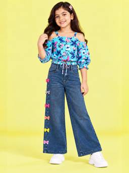 KiddoPanti - Girls Blue Strappy Printed Top with Flared Denim Jeans (Set of 2)