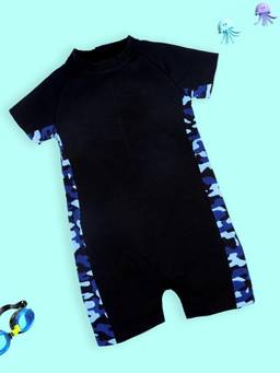 KiddoPanti - Half Sleeves Mid Thigh Length Cut & Sew Swimwear Bodysuit Navy Blue