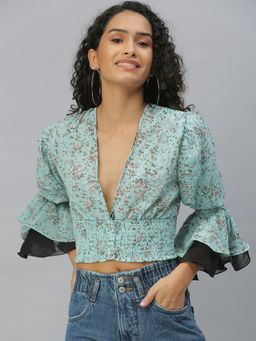 SHOWOFFFF - Women Plunging Neck Floral Turquoise Blue Regular Top