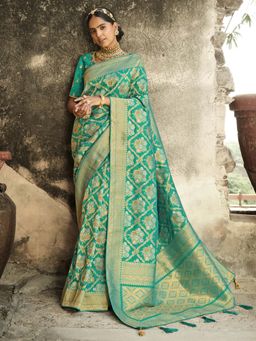 Odette - Women Green Jacquard Woven Design Saree with Unstitched Blouse