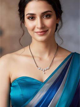 LUCKY JEWELLERY - Silver Plated American Diamond Stone Mangalsutra with Black Beads