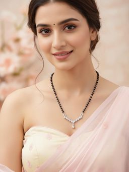 LUCKY JEWELLERY - Silver Plated American Diamond Stone Mangalsutra with Black Beads