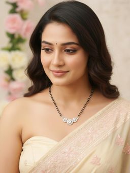 LUCKY JEWELLERY - Silver Plated American Diamond Stone Mangalsutra with Black Beads