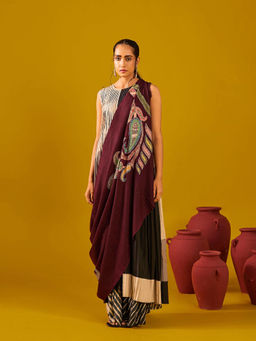 Shaza - Maroon Pashmina Kalamkari Border Stole