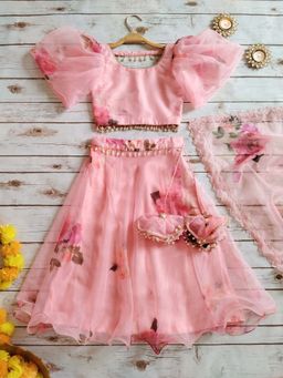 Label Kanupriya - Blush Pink Floral Organza Blouse with Lehenga and Dupatta (Set of 3)