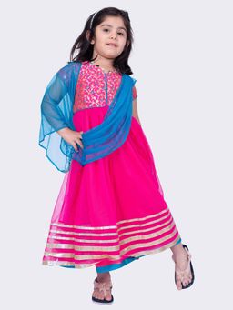 TWISHA - Pink Short Sleeves Brocade and Net Anarkali Kurta with Dupatta (Set of 2)