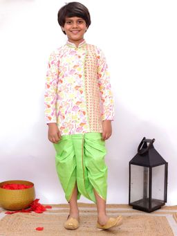 TWISHA - White and Green Full Sleeves Beach Print Overlap Kurta with Dhoti (Set of 2)