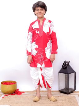 TWISHA - Red and White Full Sleeves Daisies Print Kurta with Dhoti (Set of 2)