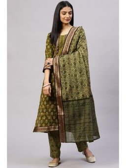Biba - Olive Cotton Woven Unstitched Suit (Set of 3)