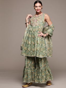 Anubhutee - Women Green Mirror Work Embroidered Printed Kurta & Sharara with Dupatta (Set of 3)
