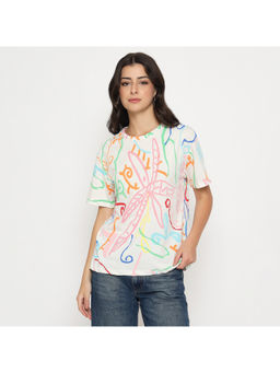 Madame - Printed Half Sleeve White Cotton T-Shirt