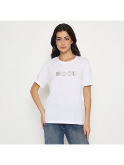 Madame - Embellished Typography White Cotton T-Shirt