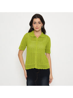 Madame - Scalloped Hem Mehendi Green Self Design Top