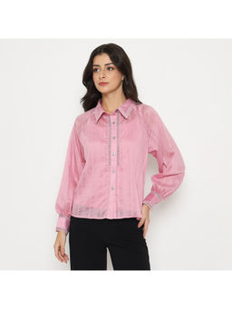 Madame - Textured Nylon Blend Pink Full Sleeve Shirt