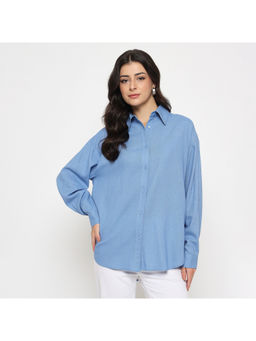 Madame - Linen Blend Solid Cobalt Blue Shirt