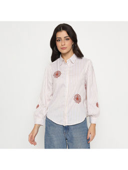 Madame - Floral Embroidery Beige Striped Shirt