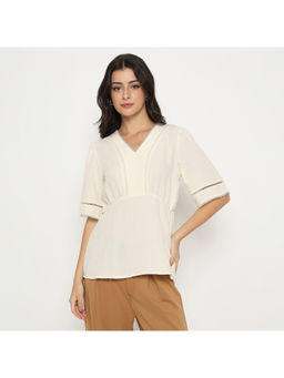 Madame - V Neck Off White Peplum Top