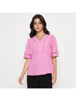 Madame - V Neck Pink Peplum Top