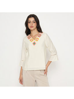 Madame - Embroidered Neckline Rayon Blend Beige Top