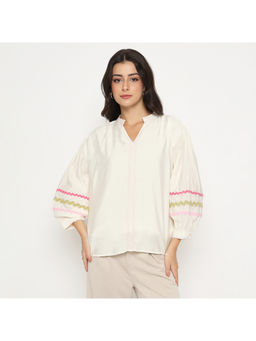 Madame - Rayon Blend Dori Embroidered Off White Top