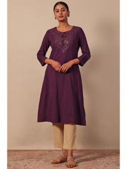 Folksong - Women's Purple Embellished/Sequined A-Line Kurta