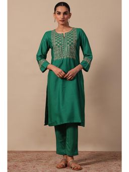 Folksong - Women's Green Embroidered Straight Kurta