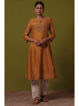 Folksong - Women's Beaded Cotton Silk Blend Flared Anarkali Kurta