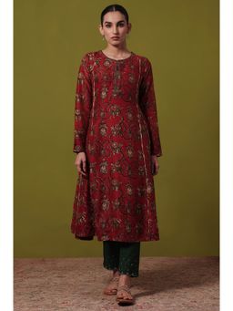 Folksong - Women's Maroon Floral Anarkali Kurta