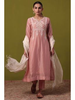 Folksong - Women's Pink Embroidered Kurta Pant and Dupatta