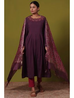 Folksong - Women's Purple Embroidered Woven Anarkali Kurta Pant and Dupatta