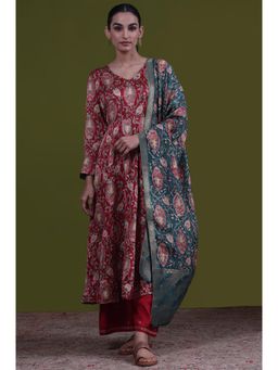 Folksong - Women's Red Floral Anarkali Kurta Pant and Dupatta