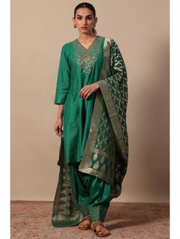 Folksong - Women's Green Embroidered Kurta Salwar and Dupatta