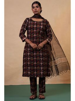 Folksong - Women's Black Floral Printed Kurta Pant and Dupatta