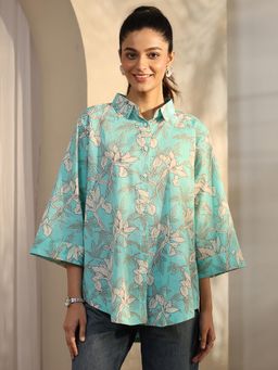Libas - Blue Floral Printed Panelled Shirt