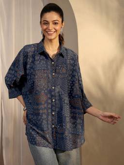 Libas - Blue Ethnic Motif Printed Panelled Shirt