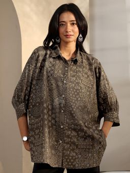 Libas - Brown Ethnic Motif Printed Panelled Shirt